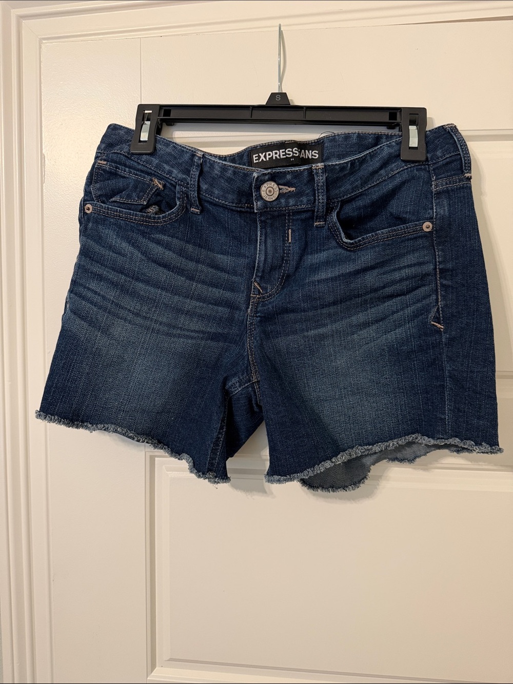 Express Dark Blue Frayed Hem Denim Shorts